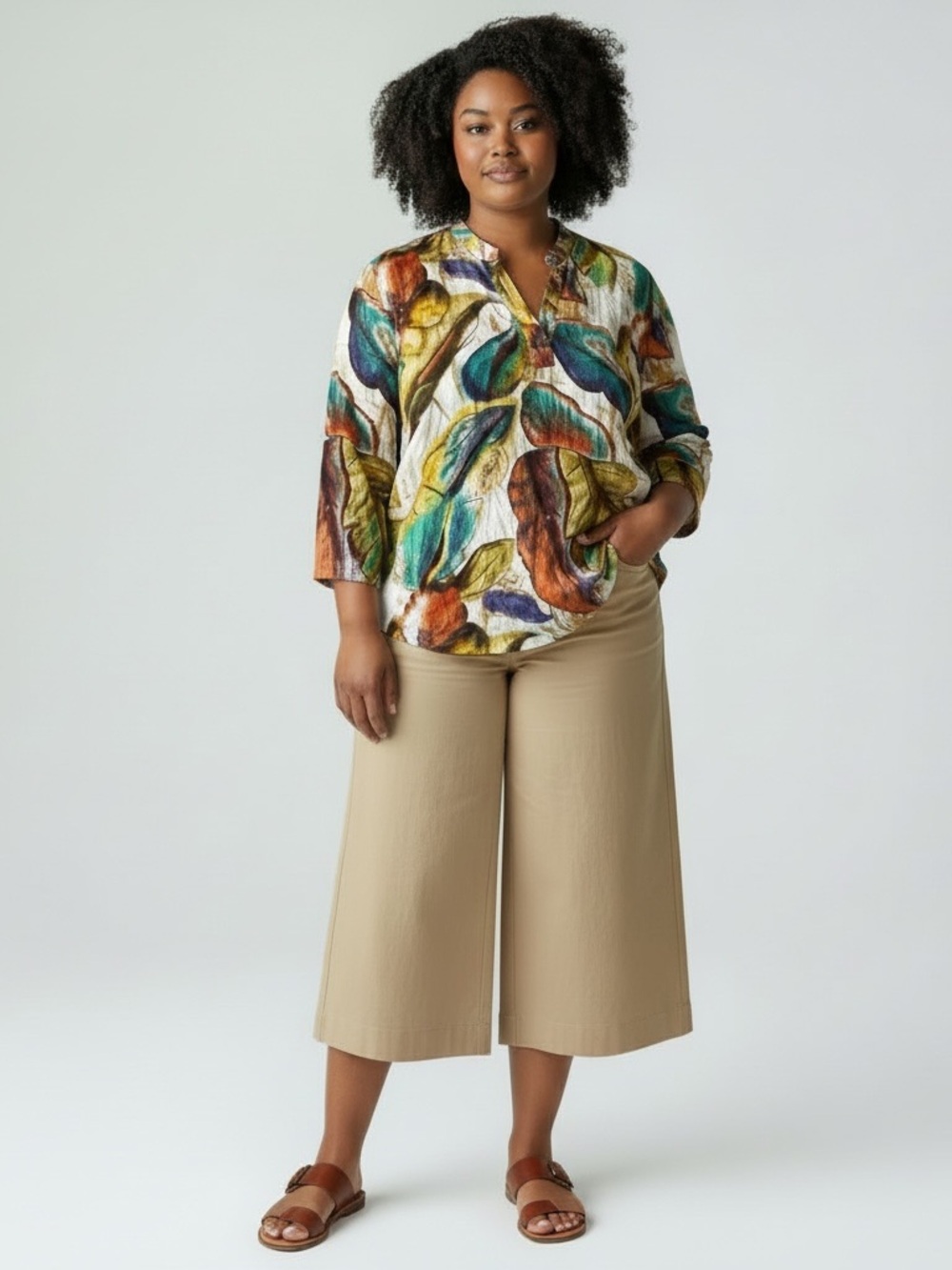 Art to Wear Split Neck Tunic Multicolor Tropical Leaf Print Size 1X Life Style